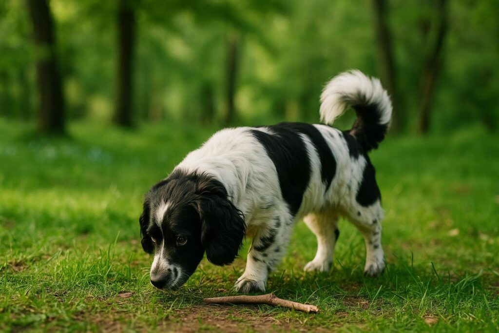 En hund som utforskar en grön park och sniffar på gräs.
