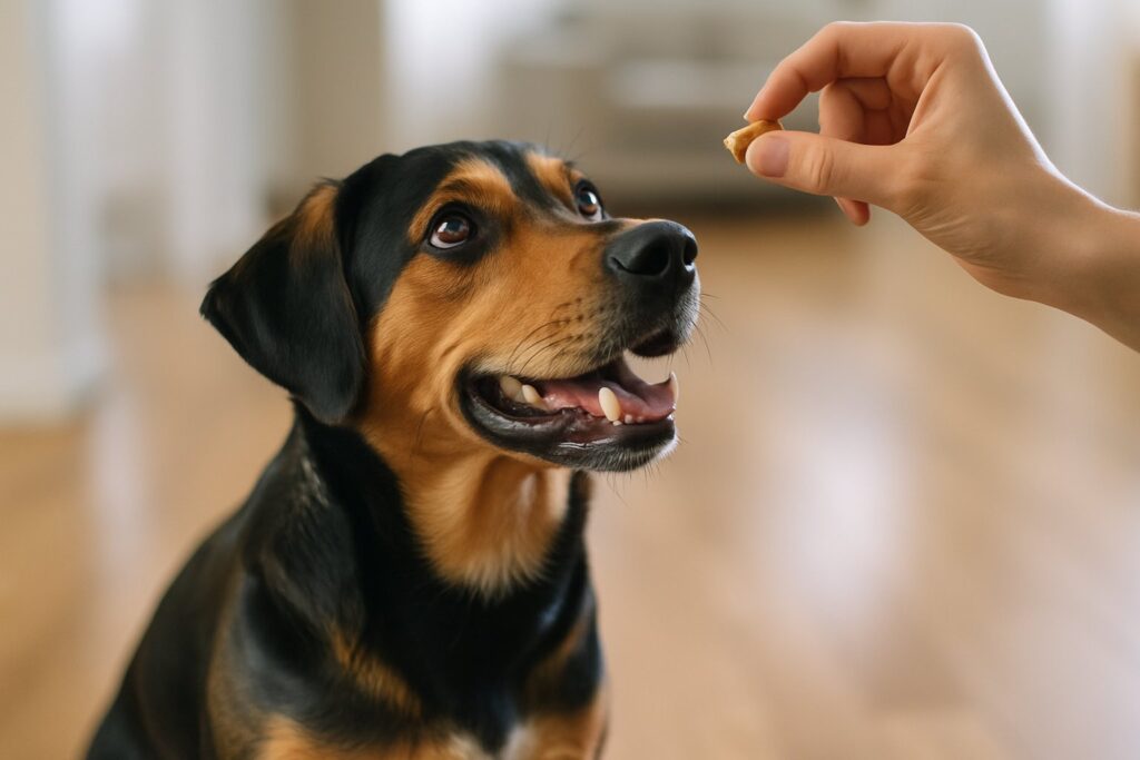 En glad hund som sitter och får en belöning från en människas hand inomhus.